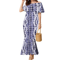 Hawaiian Ohia Lehua Lei Family Matching Mermaid Dress and Hawaiian Shirt Plaid Palaka Uliuli hohonu Pattern LT9 Navy - Polynesian Pride