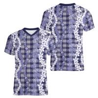 Hawaiian Ohia Lehua Lei Women V-Neck T-Shirt Plaid Palaka Uliuli hohonu Pattern - Polynesian Pride