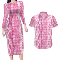 Hawaiian Ohia Lehua Lei Couples Matching Long Sleeve Bodycon Dress and Hawaiian Shirt Plaid Palaka Akala Pattern LT9 Pink - Polynesian Pride