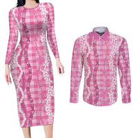 Hawaiian Ohia Lehua Lei Couples Matching Long Sleeve Bodycon Dress and Long Sleeve Button Shirt Plaid Palaka Akala Pattern LT9 Pink - Polynesian Pride