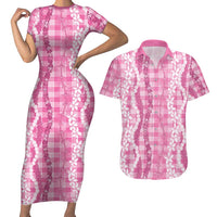 Hawaiian Ohia Lehua Lei Couples Matching Short Sleeve Bodycon Dress and Hawaiian Shirt Plaid Palaka Akala Pattern LT9 Pink - Polynesian Pride