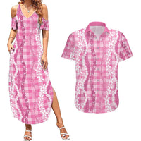 Hawaiian Ohia Lehua Lei Couples Matching Summer Maxi Dress and Hawaiian Shirt Plaid Palaka Akala Pattern LT9 Pink - Polynesian Pride
