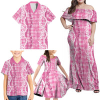 Hawaiian Ohia Lehua Lei Family Matching Off Shoulder Maxi Dress and Hawaiian Shirt Plaid Palaka Akala Pattern LT9 - Polynesian Pride