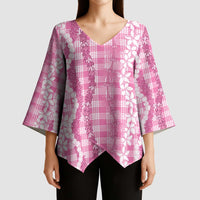 Hawaiian Ohia Lehua Lei Kimono Sleeve Blouse Plaid Palaka Akala Pattern - Polynesian Pride