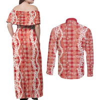 Hawaiian Ohia Lehua Lei Couples Matching Off Shoulder Maxi Dress and Long Sleeve Button Shirt Plaid Palaka Ulaula Pattern - Polynesian Pride
