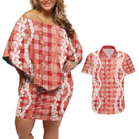 Hawaiian Ohia Lehua Lei Couples Matching Off Shoulder Short Dress and Hawaiian Shirt Plaid Palaka Ulaula Pattern LT9 Red - Polynesian Pride
