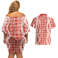 Hawaiian Ohia Lehua Lei Couples Matching Off Shoulder Short Dress and Hawaiian Shirt Plaid Palaka Ulaula Pattern LT9 - Polynesian Pride