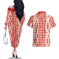Hawaiian Ohia Lehua Lei Couples Matching Off The Shoulder Long Sleeve Dress and Hawaiian Shirt Plaid Palaka Ulaula Pattern LT9 - Polynesian Pride