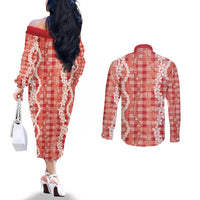 Hawaiian Ohia Lehua Lei Couples Matching Off The Shoulder Long Sleeve Dress and Long Sleeve Button Shirt Plaid Palaka Ulaula Pattern LT9 - Polynesian Pride