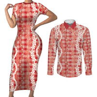 Hawaiian Ohia Lehua Lei Couples Matching Short Sleeve Bodycon Dress and Long Sleeve Button Shirt Plaid Palaka Ulaula Pattern LT9 Red - Polynesian Pride