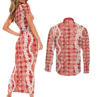 Hawaiian Ohia Lehua Lei Couples Matching Short Sleeve Bodycon Dress and Long Sleeve Button Shirt Plaid Palaka Ulaula Pattern LT9 - Polynesian Pride