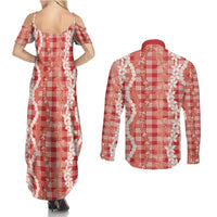 Hawaiian Ohia Lehua Lei Couples Matching Summer Maxi Dress and Long Sleeve Button Shirt Plaid Palaka Ulaula Pattern - Polynesian Pride