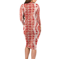 Hawaiian Ohia Lehua Lei Family Matching Long Sleeve Bodycon Dress and Hawaiian Shirt Plaid Palaka Ulaula Pattern LT9 - Polynesian Pride