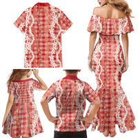 Hawaiian Ohia Lehua Lei Family Matching Mermaid Dress and Hawaiian Shirt Plaid Palaka Ulaula Pattern LT9 - Polynesian Pride