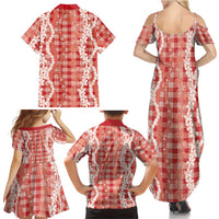 Hawaiian Ohia Lehua Lei Family Matching Summer Maxi Dress and Hawaiian Shirt Plaid Palaka Ulaula Pattern LT9 - Polynesian Pride