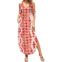 Hawaiian Ohia Lehua Lei Family Matching Summer Maxi Dress and Hawaiian Shirt Plaid Palaka Ulaula Pattern LT9 Red - Polynesian Pride