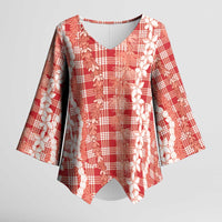 Hawaiian Ohia Lehua Lei Kimono Sleeve Blouse Plaid Palaka Ulaula Pattern - Polynesian Pride