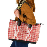 Hawaiian Ohia Lehua Lei Leather Tote Bag Plaid Palaka Ulaula Pattern - Polynesian Pride