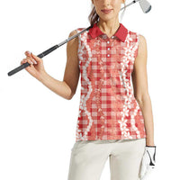 Hawaiian Ohia Lehua Lei Women Sleeveless Polo Shirt Plaid Palaka Ulaula Pattern - Polynesian Pride