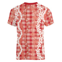 Hawaiian Ohia Lehua Lei Women V-Neck T-Shirt Plaid Palaka Ulaula Pattern - Polynesian Pride