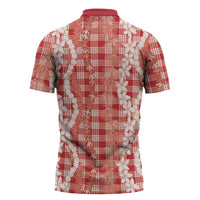 Hawaiian Ohia Lehua Lei Zipper Polo Shirt Plaid Palaka Ulaula Pattern - Polynesian Pride