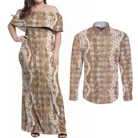 Hawaiian Ohia Lehua Lei Couples Matching Off Shoulder Maxi Dress and Long Sleeve Button Shirt Plaid Palaka Kalaihaahaa Pattern LT9 Tan - Polynesian Pride