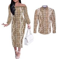 Hawaiian Ohia Lehua Lei Couples Matching Off The Shoulder Long Sleeve Dress and Long Sleeve Button Shirt Plaid Palaka Kalaihaahaa Pattern LT9 Tan - Polynesian Pride