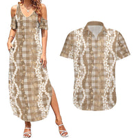 Hawaiian Ohia Lehua Lei Couples Matching Summer Maxi Dress and Hawaiian Shirt Plaid Palaka Kalaihaahaa Pattern LT9 Tan - Polynesian Pride