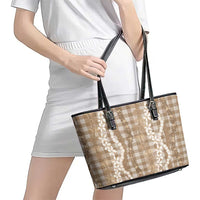 Hawaiian Ohia Lehua Lei Leather Tote Bag Plaid Palaka Kalaihaahaa Pattern - Polynesian Pride