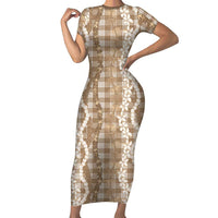 Hawaiian Ohia Lehua Lei Short Sleeve Bodycon Dress Plaid Palaka Kalaihaahaa Pattern - Polynesian Pride