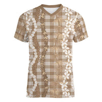 Hawaiian Ohia Lehua Lei Women V-Neck T-Shirt Plaid Palaka Kalaihaahaa Pattern LT9 Female Tan - Polynesian Pride