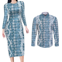 Hawaiian Ohia Lehua Lei Couples Matching Long Sleeve Bodycon Dress and Long Sleeve Button Shirt Plaid Palaka Uliuli Omaomao Pattern LT9 Teal - Polynesian Pride