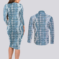 Hawaiian Ohia Lehua Lei Couples Matching Long Sleeve Bodycon Dress and Long Sleeve Button Shirt Plaid Palaka Uliuli Omaomao Pattern LT9 - Polynesian Pride