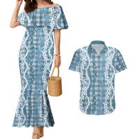 Hawaiian Ohia Lehua Lei Couples Matching Mermaid Dress and Hawaiian Shirt Plaid Palaka Uliuli Omaomao Pattern LT9 Teal - Polynesian Pride