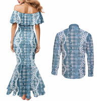 Hawaiian Ohia Lehua Lei Couples Matching Mermaid Dress and Long Sleeve Button Shirt Plaid Palaka Uliuli Omaomao Pattern LT9 - Polynesian Pride