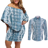 Hawaiian Ohia Lehua Lei Couples Matching Off Shoulder Short Dress and Long Sleeve Button Shirt Plaid Palaka Uliuli Omaomao Pattern LT9 Teal - Polynesian Pride