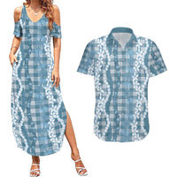 Hawaiian Ohia Lehua Lei Couples Matching Summer Maxi Dress and Hawaiian Shirt Plaid Palaka Uliuli Omaomao Pattern LT9 Teal - Polynesian Pride