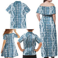 Hawaiian Ohia Lehua Lei Family Matching Off Shoulder Maxi Dress and Hawaiian Shirt Plaid Palaka Uliuli Omaomao Pattern LT9 - Polynesian Pride