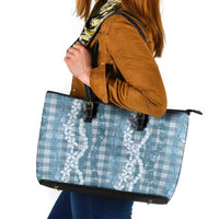 Hawaiian Ohia Lehua Lei Leather Tote Bag Plaid Palaka Uliuli Omaomao Pattern - Polynesian Pride