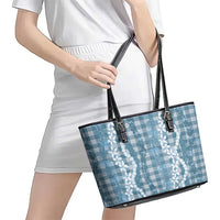 Hawaiian Ohia Lehua Lei Leather Tote Bag Plaid Palaka Uliuli Omaomao Pattern - Polynesian Pride