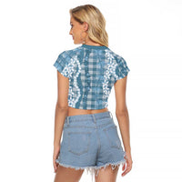 Hawaiian Ohia Lehua Lei Raglan Cropped T Shirt Plaid Palaka Uliuli Omaomao Pattern - Polynesian Pride