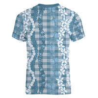 Hawaiian Ohia Lehua Lei Women V-Neck T-Shirt Plaid Palaka Uliuli Omaomao Pattern - Polynesian Pride