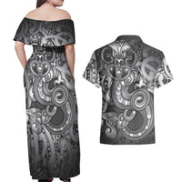 Aotearoa Maori Hei Tiki Couples Matching Off Shoulder Maxi Dress and Hawaiian Shirt Kiwikiwi Kowhaiwhai Puhoro Motif LT9 - Polynesian Pride