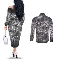 Aotearoa Maori Hei Tiki Couples Matching Off The Shoulder Long Sleeve Dress and Long Sleeve Button Shirt Kiwikiwi Kowhaiwhai Puhoro Motif LT9 - Polynesian Pride