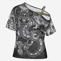 Aotearoa Maori Hei Tiki Cross Shoulder Shirt Kiwikiwi Kowhaiwhai Puhoro Motif LT9 Female Grey - Polynesian Pride