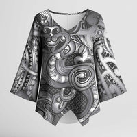 Aotearoa Maori Hei Tiki Kimono Sleeve Blouse Kiwikiwi Kowhaiwhai Puhoro Motif LT9 Female Grey - Polynesian Pride