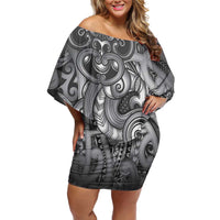 Aotearoa Maori Hei Tiki Off Shoulder Short Dress Kiwikiwi Kowhaiwhai Puhoro Motif LT9 Women Grey - Polynesian Pride
