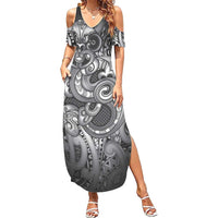 Aotearoa Maori Hei Tiki Summer Maxi Dress Kiwikiwi Kowhaiwhai Puhoro Motif LT9 Women Grey - Polynesian Pride