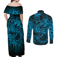Aotearoa Maori Hei Tiki Couples Matching Off Shoulder Maxi Dress and Long Sleeve Button Shirt Kikorangi Kowhaiwhai Puhoro Motif LT9 - Polynesian Pride