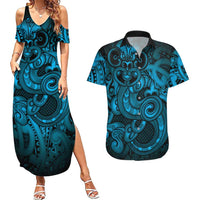 Aotearoa Maori Hei Tiki Couples Matching Summer Maxi Dress and Hawaiian Shirt Kikorangi Kowhaiwhai Puhoro Motif LT9 Blue - Polynesian Pride
